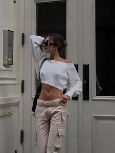 Women Sexy Off Shoulder Cropped Sweater Distressed Hollow Out Knit Top Acrylic Long Sleeve Solid Streetwear Pullover Top