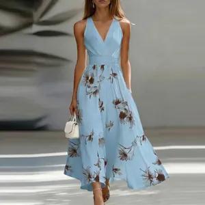 Sexy Women V-Neck Floral Print Maxi Dress Sleeveless Backless High Waist A-Line Long Dress For Summer Beach Holiday