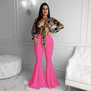 Sexy baroque print long sleeve tie-up crop top with bright pink flared bell bottom pants