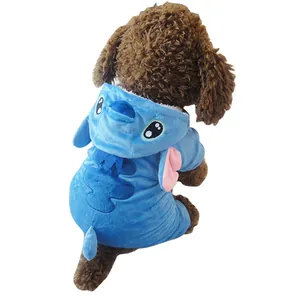 Detailed back view of a blue Stitch-themed plush dog hoodie for small and medium breeds