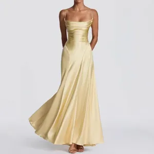 Women Satin Backless Maxi Dress Cowl Neck Spaghetti Strap Ruched Evening Party Prom Dress Cross Bandage Lace Up Dress