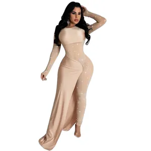 Body sexy in mesh color champagne con strass e gonna lunga con spacco laterale