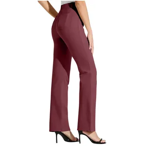 Rear side view of women's burgundy high-waisted straight leg work pants with pockets