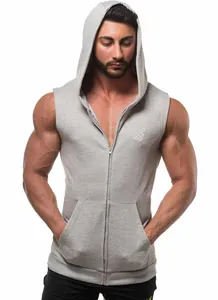 Close-up detail of grey sleeveless gym hoodie vest for men with muscle fit design