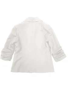 Vue arrière d'un blazer blanc pour femme avec manches trois-quarts et détails froncés