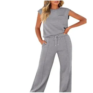Women's two-piece gray casual lounge set with a sleeveless pocket top and wide-leg pants