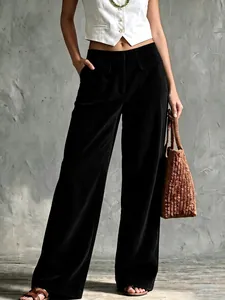 Stylish full view of black corduroy wide-leg pants for women with high waist pockets