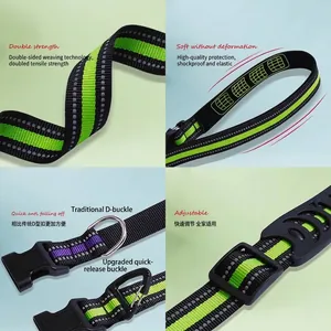 Reflective multi-functional dog leash collage showing durable webbing and quick-release buckle