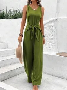 Sleeveless V-neck olive green wide-leg jumpsuit featuring knotted waist detail for summer style.