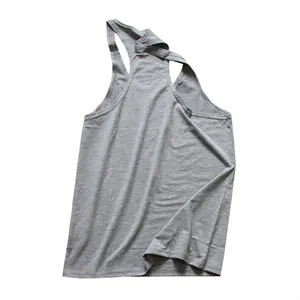 Detailed view of a grey racerback fitness tank top made of breathable cotton fabric