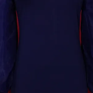Detailed view of dark blue pencil dress featuring elegant mesh stitching on long sleeves.