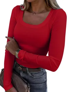Detailed macro view of a women's red ribbed long sleeve slim fit U-neck casual T-shirt