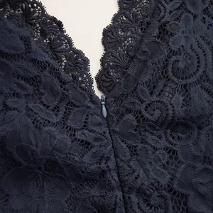Detailed view of the blue lace floral pattern and invisible zipper on a midi dress