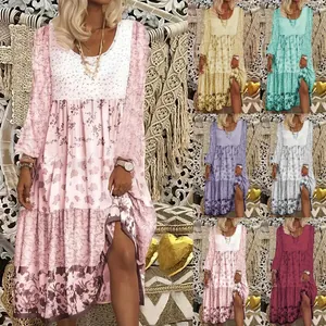 Women Round Neck Long Sleeve Floral Printed Dress Bohemian Tiered Hem Casual Polyester Maxi Dress Elegant Commuter Gown