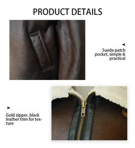 Detailansicht einer braunen Wildleder-Lammfelljacke mit goldenem Reißverschluss.