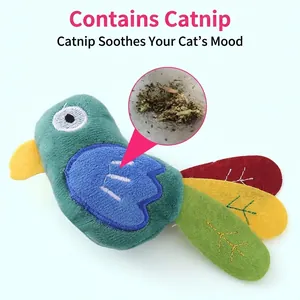 Cute plush bird cat toy with built-in catnip feature and soft colorful fabric textures