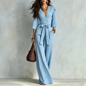 Elegant French deep V-neck wide-leg jumpsuit with puff sleeves and slimming waist belt
