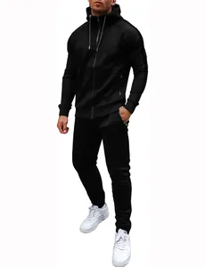 Full view of men's black 2-piece tracksuit with zip-up hoodie and matching joggers