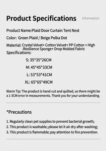 Detailed size specifications chart for the plaid pet tent bed showing sizes S to XL.