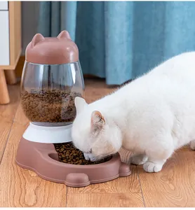 Cat-shaped automatic pet feeder in brown and white with large capacity food storage.