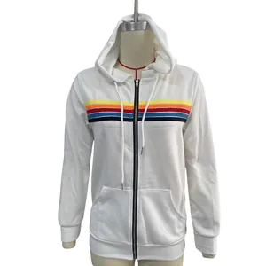 Sweat à capuche zippé blanc avec rayures horizontales colorées et poche kangourou