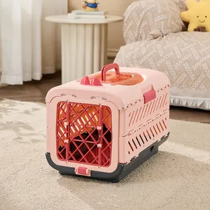 Detailed side view of a pink foldable pet carrier for cats and dogs in a cozy home