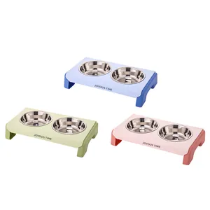 Elevated double stainless steel pet bowls with colorful neck protection stands