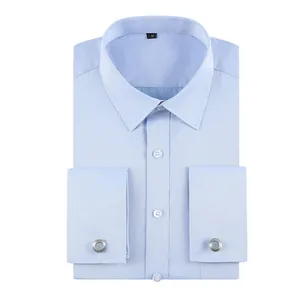Classic light blue striped men's French cuff dress shirt with silver cufflinks