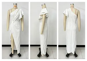 Detailed views of white one-shoulder ruffle dress with side slit and knot detail