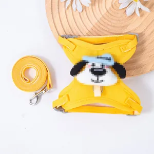 Yellow cartoon dog harness and matching leash set for small breeds like Teddy and Bichon