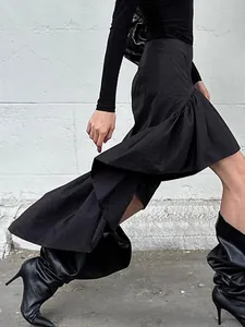 French style black ruffled asymmetrical high waist A-line midi skirt for women