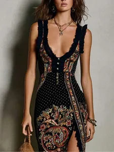 Detailed view of bohemian digital print sleeveless maxi dress with ruffles and slit