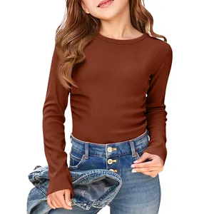Detailed view of child's brown long-sleeve ribbed T-shirt with a comfortable round neck