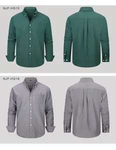 Detailed front and back views of green and grey long-sleeve Oxford shirts for men