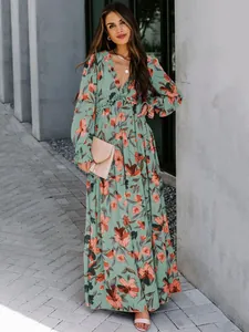 Floral print long sleeve maxi dress with V-neck and tiered skirt in sage green