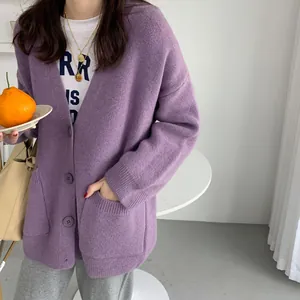 Detail showing texture and pockets of a purple oversized knit cardigan