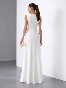 Elegant white sleeveless floor-length evening dress with minimalist back design for women
