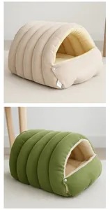 Soft corduroy pet cave beds in beige and green featuring a cozy plush fleece lining