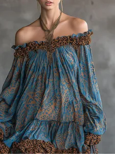 Detailed view of an elegant leopard print blue long-sleeve mini dress with ruffles