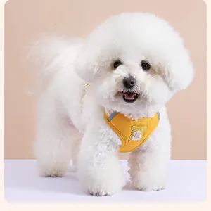 Détail d'un harnais pour chien jaune vif avec nœud papillon sur un petit Bichon Frisé