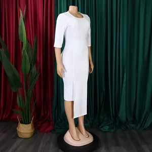 Detailed side view of white bodycon dress with asymmetrical hem and half sleeves.