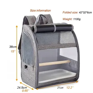 Large gray bird carrier backpack with transparent window and perch for outdoor travel