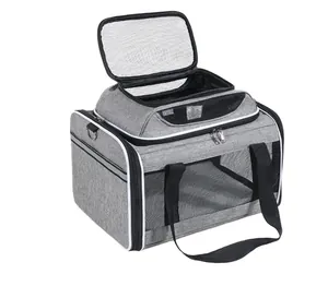 Detailed view of grey breathable oxford cloth pet carrier bag featuring top mesh opening