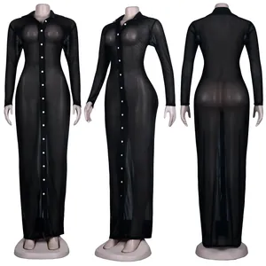Professional detailed view of a sexy black sheer mesh long sleeve button-down maxi dress