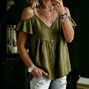 Casual olive green cold-shoulder ruffle blouse with V-neckline and loose fit for summer