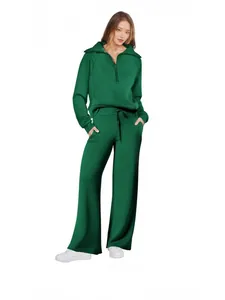 Stylish dark green two-piece casual sports set with sweatshirt and wide-leg pants