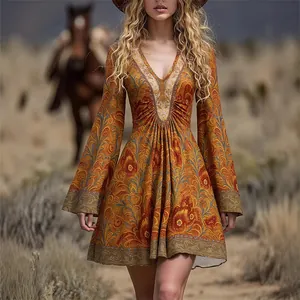 Robe trapèze bohème vintage à col en V et imprimé floral pour femmes à manches longues