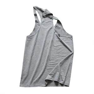 Close-up detail of a grey men's Y-back sports tank top for gym fitness and running
