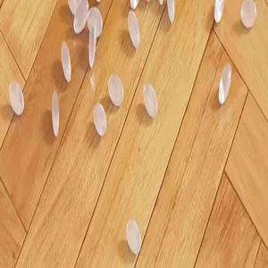 Macro detail of transparent oval silicone anti-collision bumper pads on wood floor