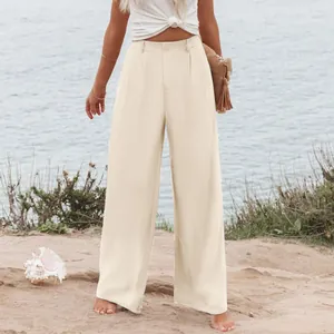 Pantaloni estivi a vita alta a gamba larga da donna in elegante beige a tinta unita